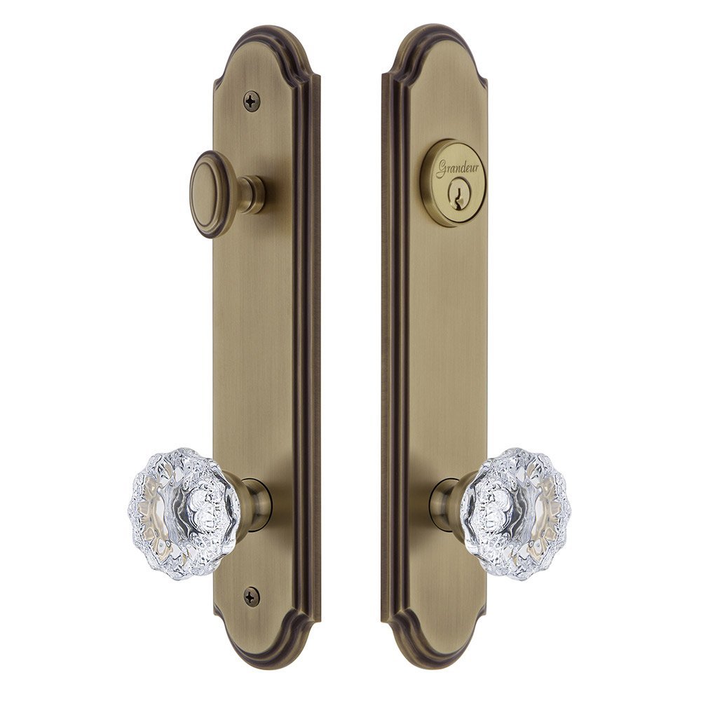 Arc Tall Plate Handleset with Fontainebleau Knob in Vintage Brass