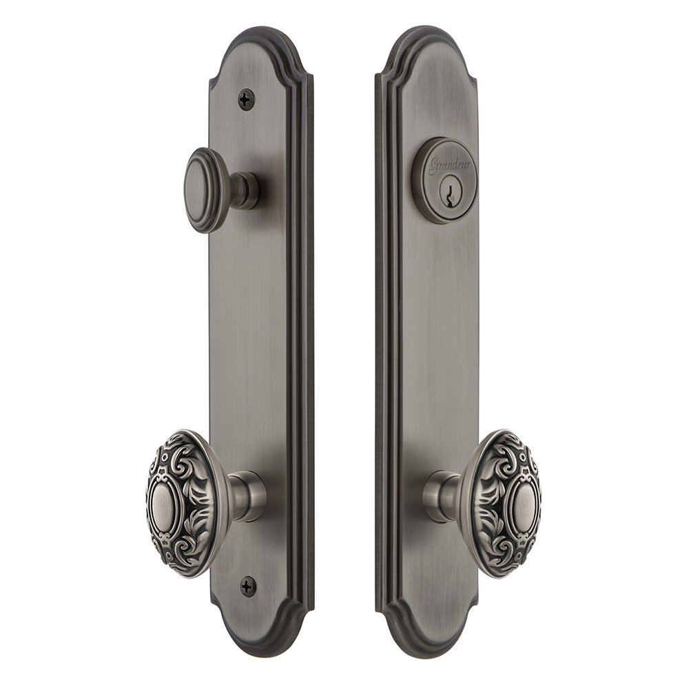 Arc Tall Plate Handleset with Grande Victorian Knob in Antique Pewter