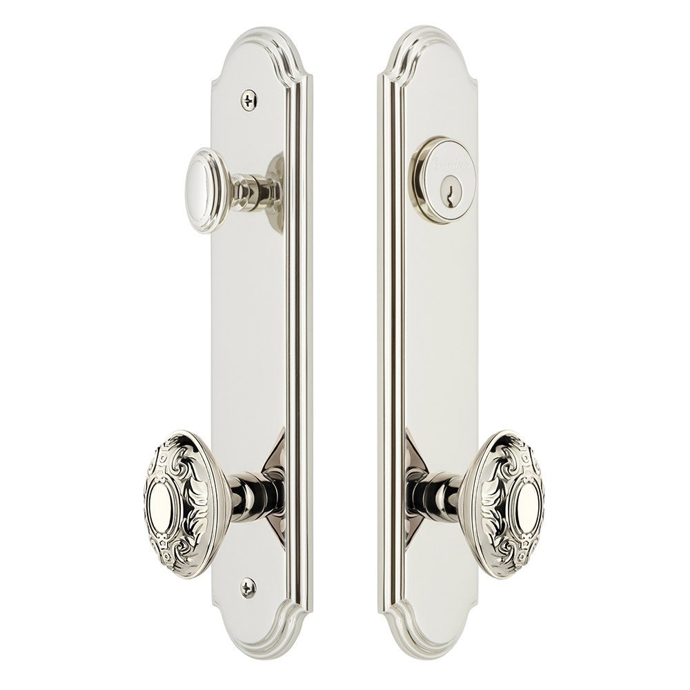 Arc Tall Plate Handleset with Grande Victorian Knob in Polished Nickel