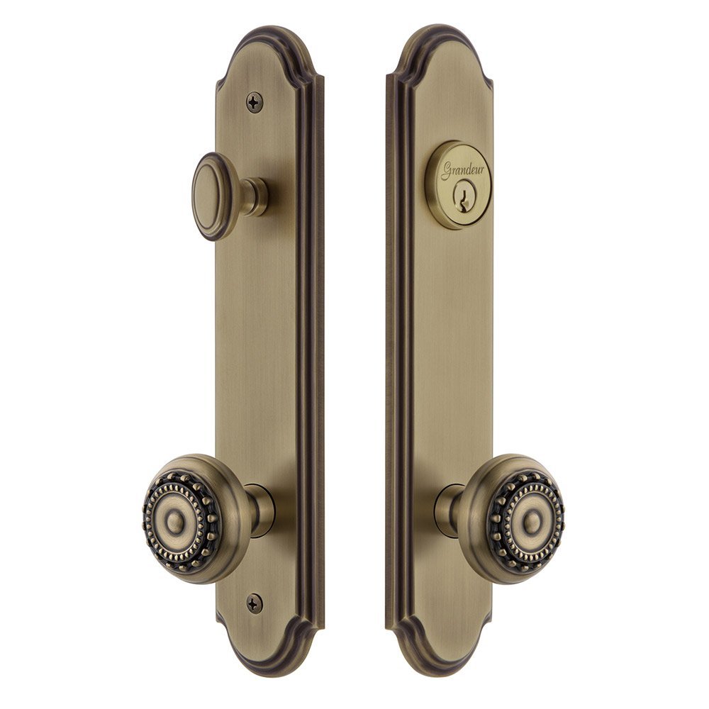 Arc Tall Plate Handleset with Parthenon Knob in Vintage Brass