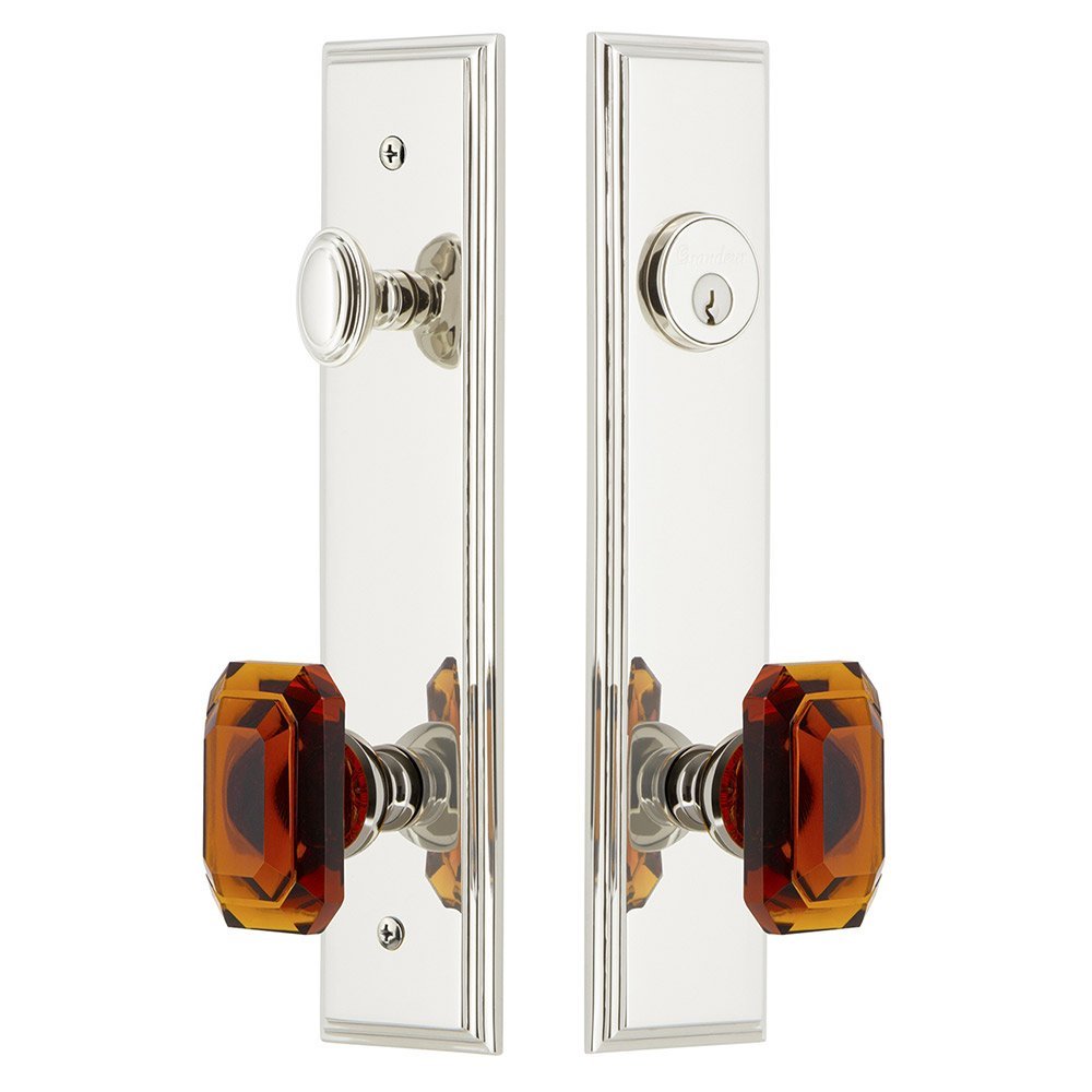 Tall Plate Handleset with Baguette Amber Knob in Polished Nickel