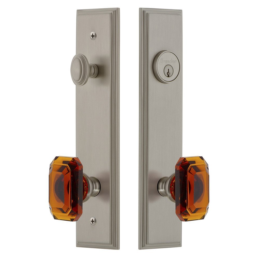 Tall Plate Handleset with Baguette Amber Knob in Satin Nickel