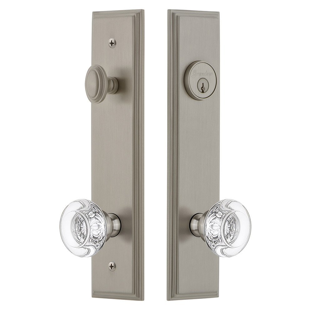 Tall Plate Handleset with Bordeaux Knob in Satin Nickel
