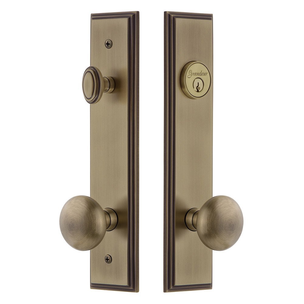 Tall Plate Handleset with Fifth Avenue Knob in Vintage Brass