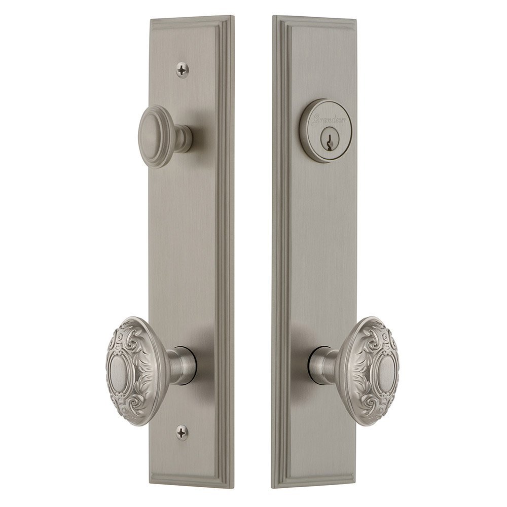 Tall Plate Handleset with Grande Victorian Knob in Satin Nickel