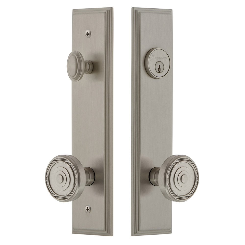 Tall Plate Handleset with Soleil Knob in Satin Nickel