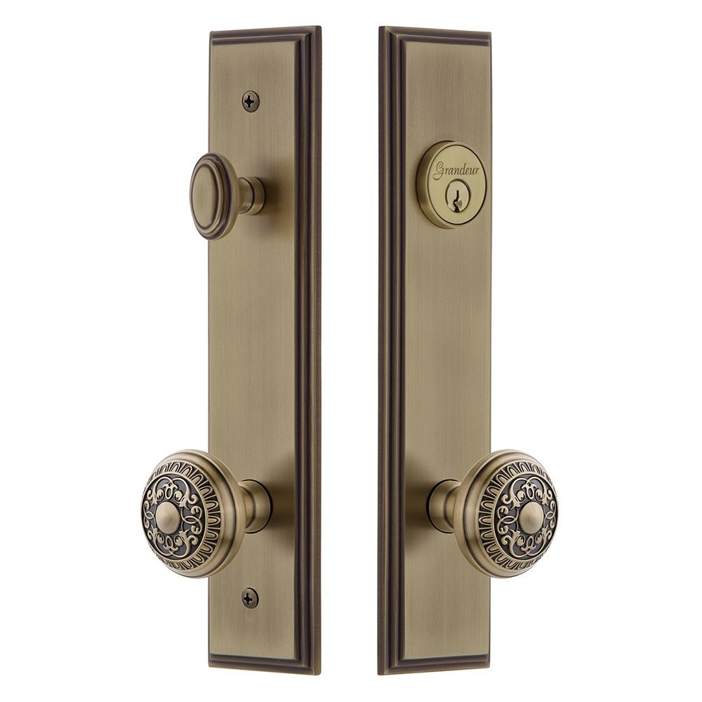 Tall Plate Handleset with Windsor Knob in Vintage Brass
