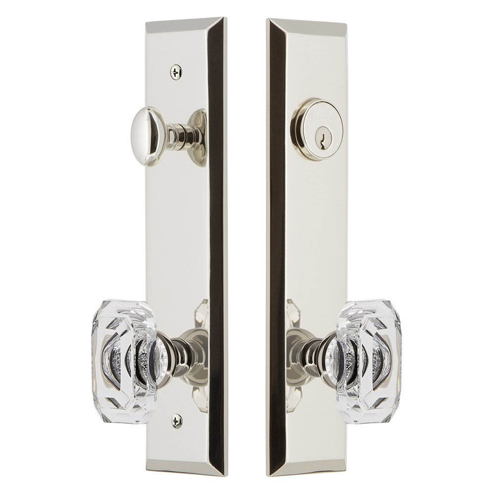 Tall Plate Handleset with Baguette Clear Crystal Knob in Polished Nickel