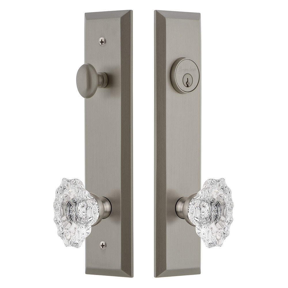 Tall Plate Handleset with Biarritz Knob in Satin Nickel