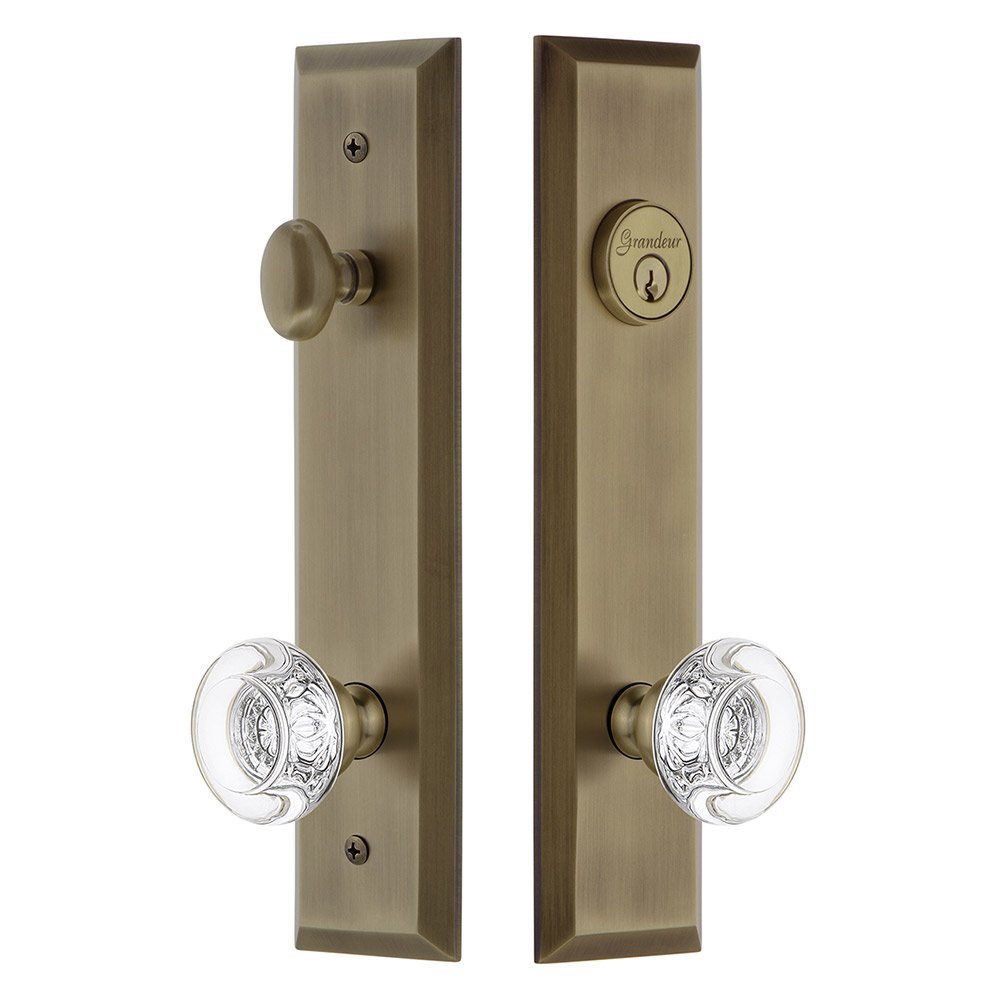 Tall Plate Handleset with Bordeaux Knob in Vintage Brass