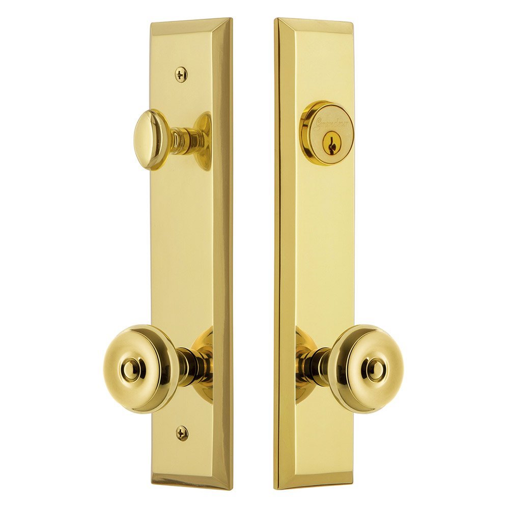 Tall Plate Handleset with Bouton Knob in Lifetime Brass