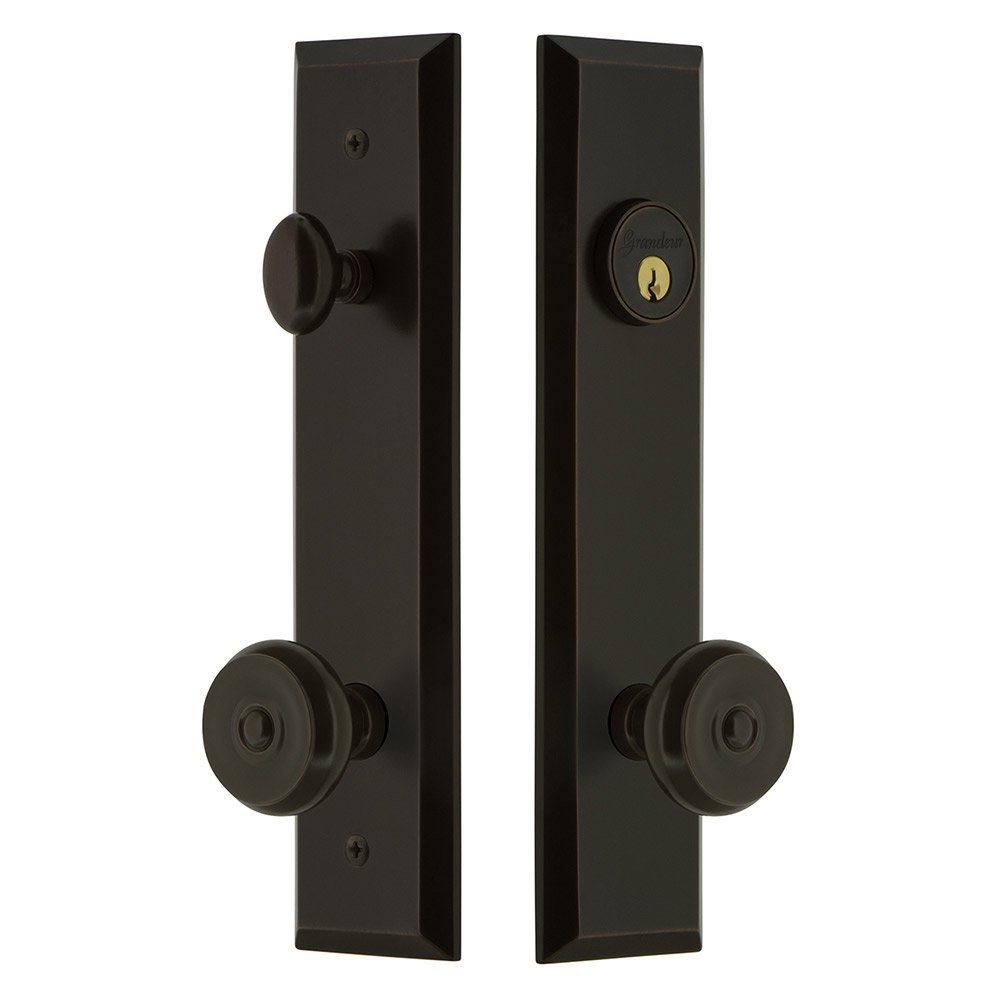 Tall Plate Handleset with Bouton Knob in Timeless Bronze