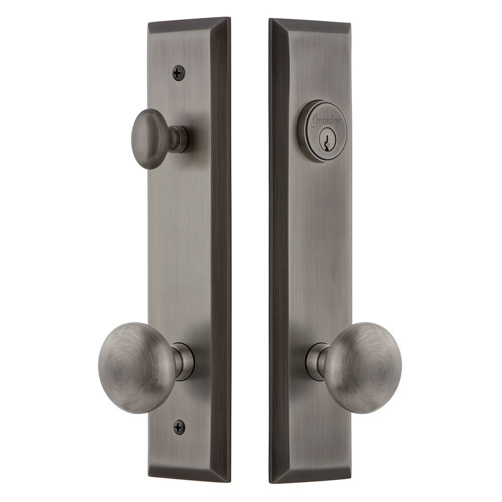 Tall Plate Handleset with Fifth Avenue Knob in Antique Pewter