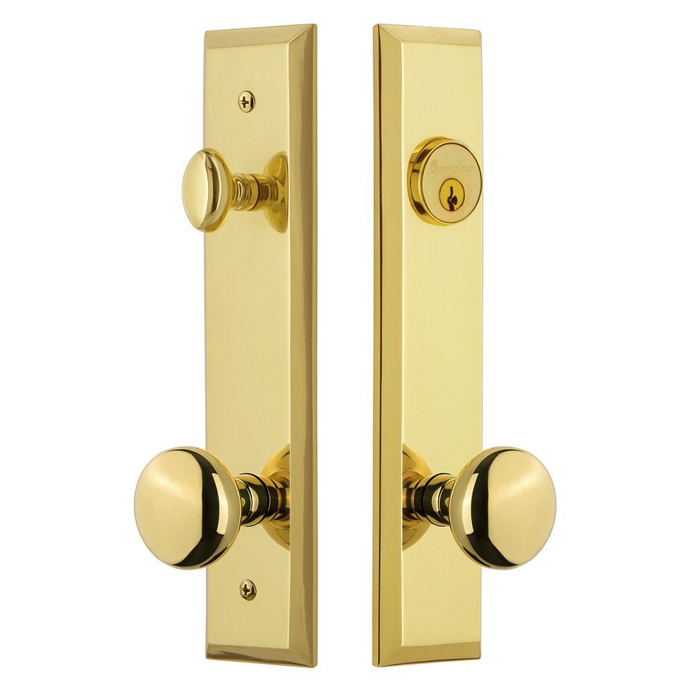 Tall Plate Handleset with Fifth Avenue Knob in Lifetime Brass