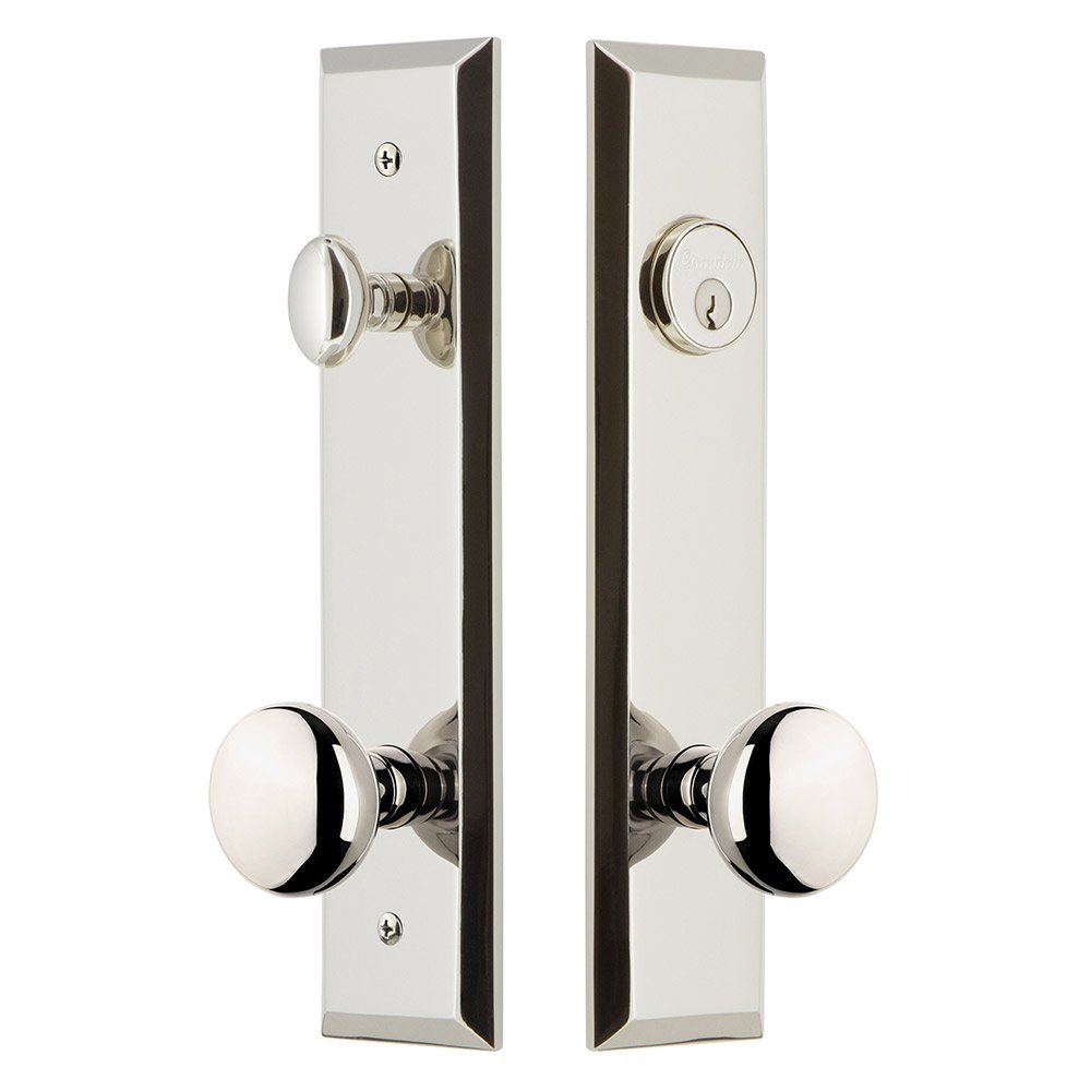 Tall Plate Handleset with Fifth Avenue Knob in Polished Nickel