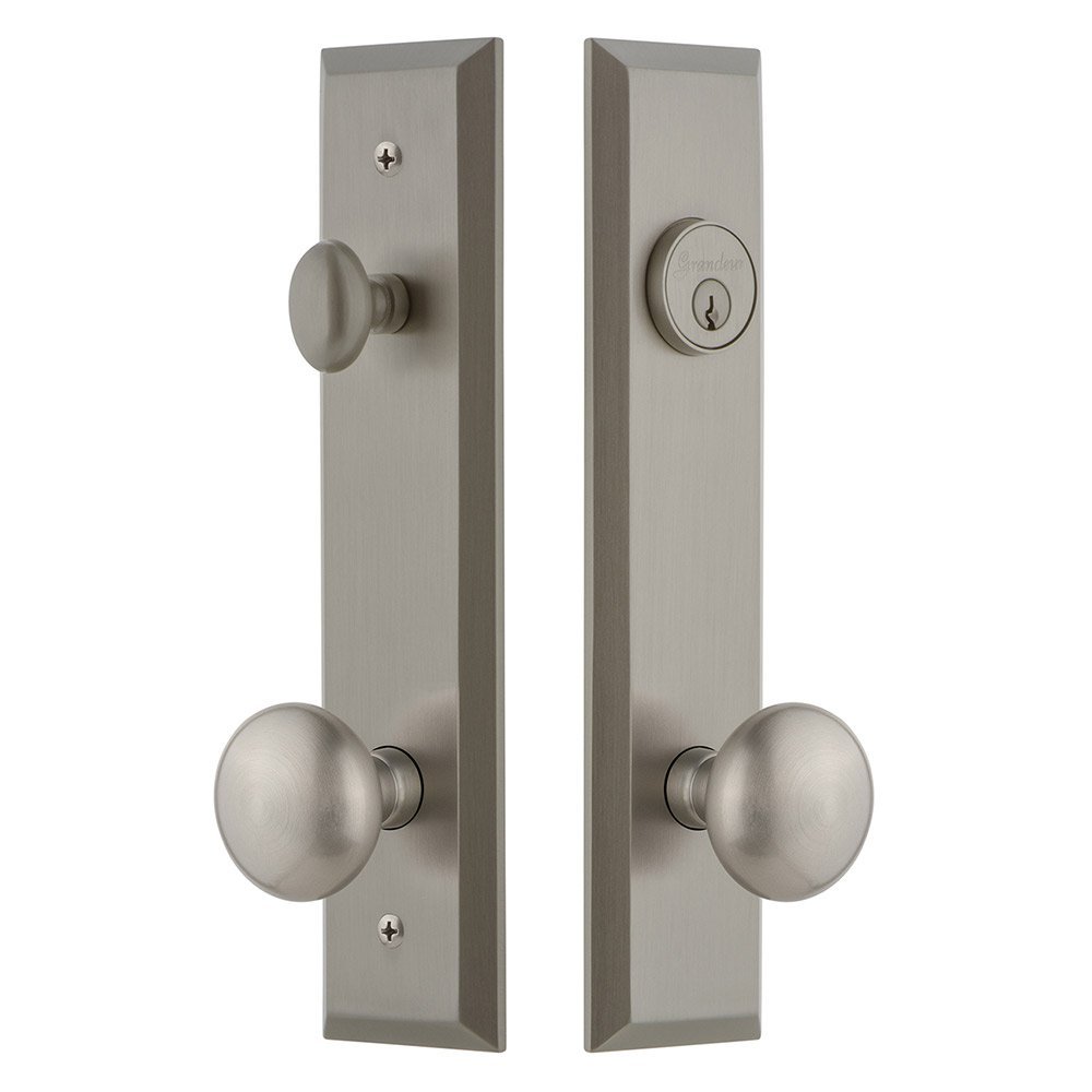 Tall Plate Handleset with Fifth Avenue Knob in Satin Nickel