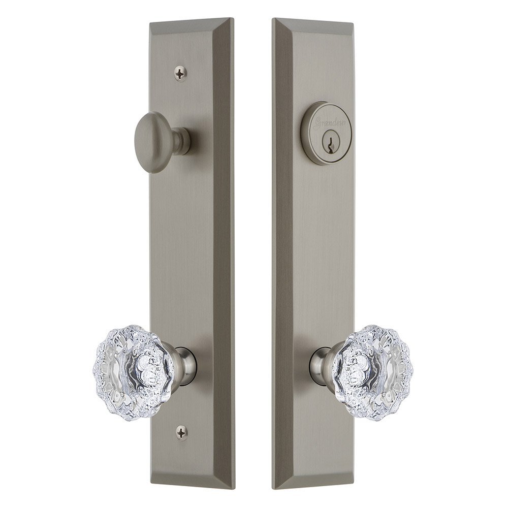 Tall Plate Handleset with Fontainebleau Knob in Satin Nickel