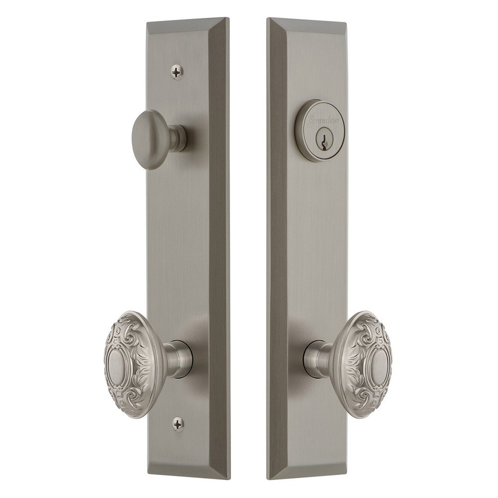 Tall Plate Handleset with Grande Victorian Knob in Satin Nickel