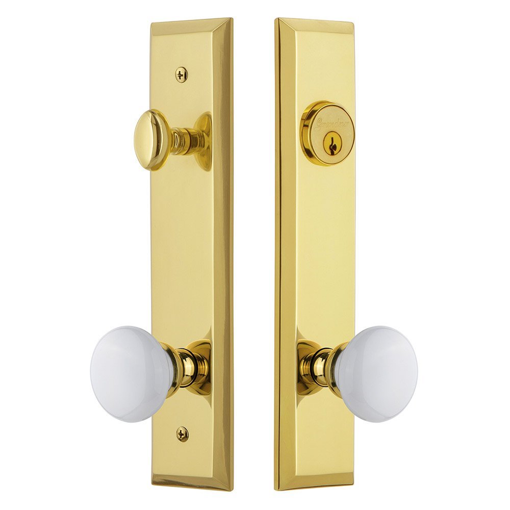 Tall Plate Handleset with Hyde Park Knob in Lifetime Brass