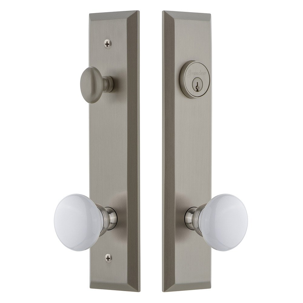 Tall Plate Handleset with Hyde Park Knob in Satin Nickel