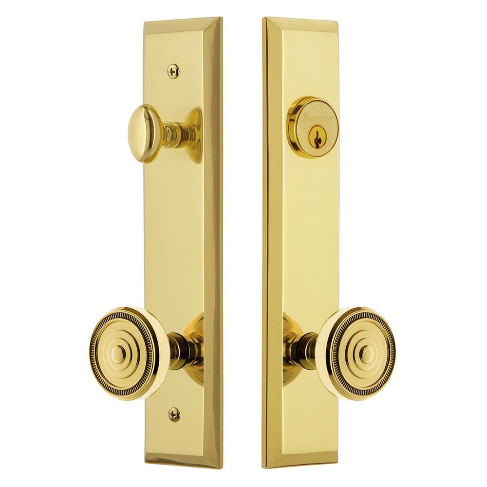 Tall Plate Handleset with Soleil Knob in Lifetime Brass