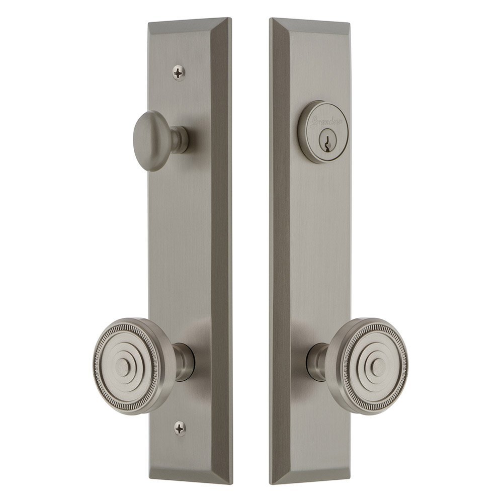 Tall Plate Handleset with Soleil Knob in Satin Nickel
