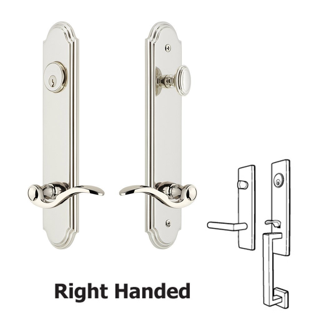 Arc Tall Plate Handleset with Bellagio Right Handed Lever in Polished Nickel