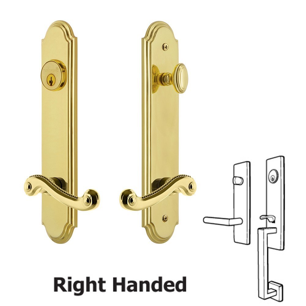 Arc Tall Plate Handleset with Newport Right Handed Lever in Lifetime Brass