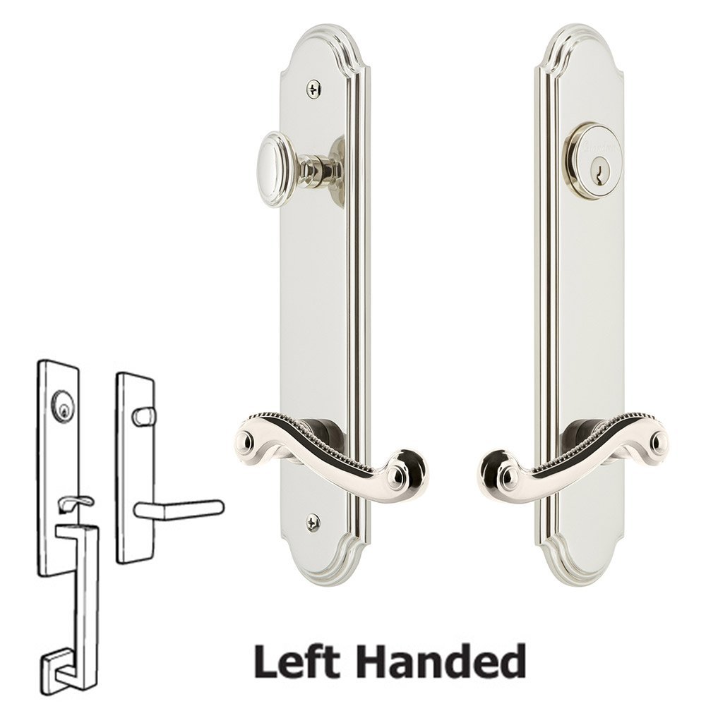 Arc Tall Plate Handleset with Newport Left Handed Lever in Polished Nickel