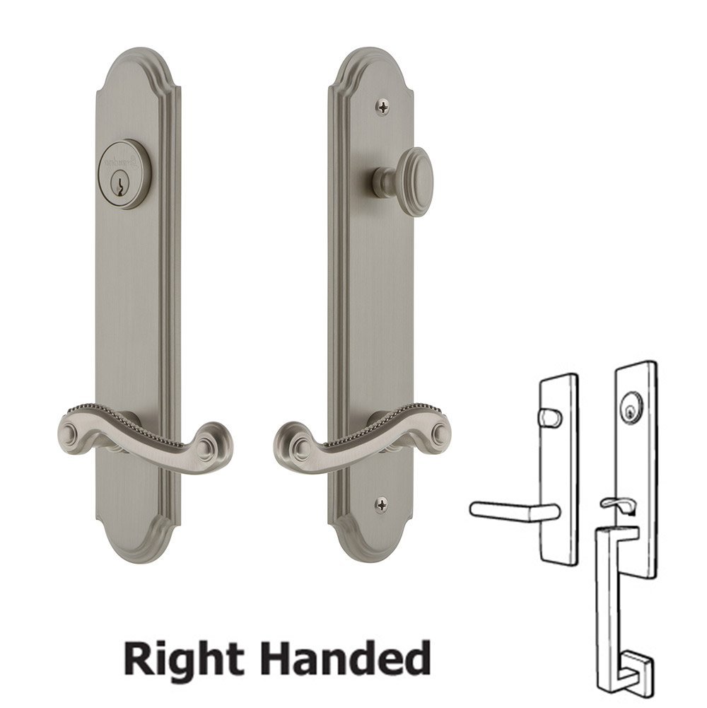 Arc Tall Plate Handleset with Newport Right Handed Lever in Satin Nickel