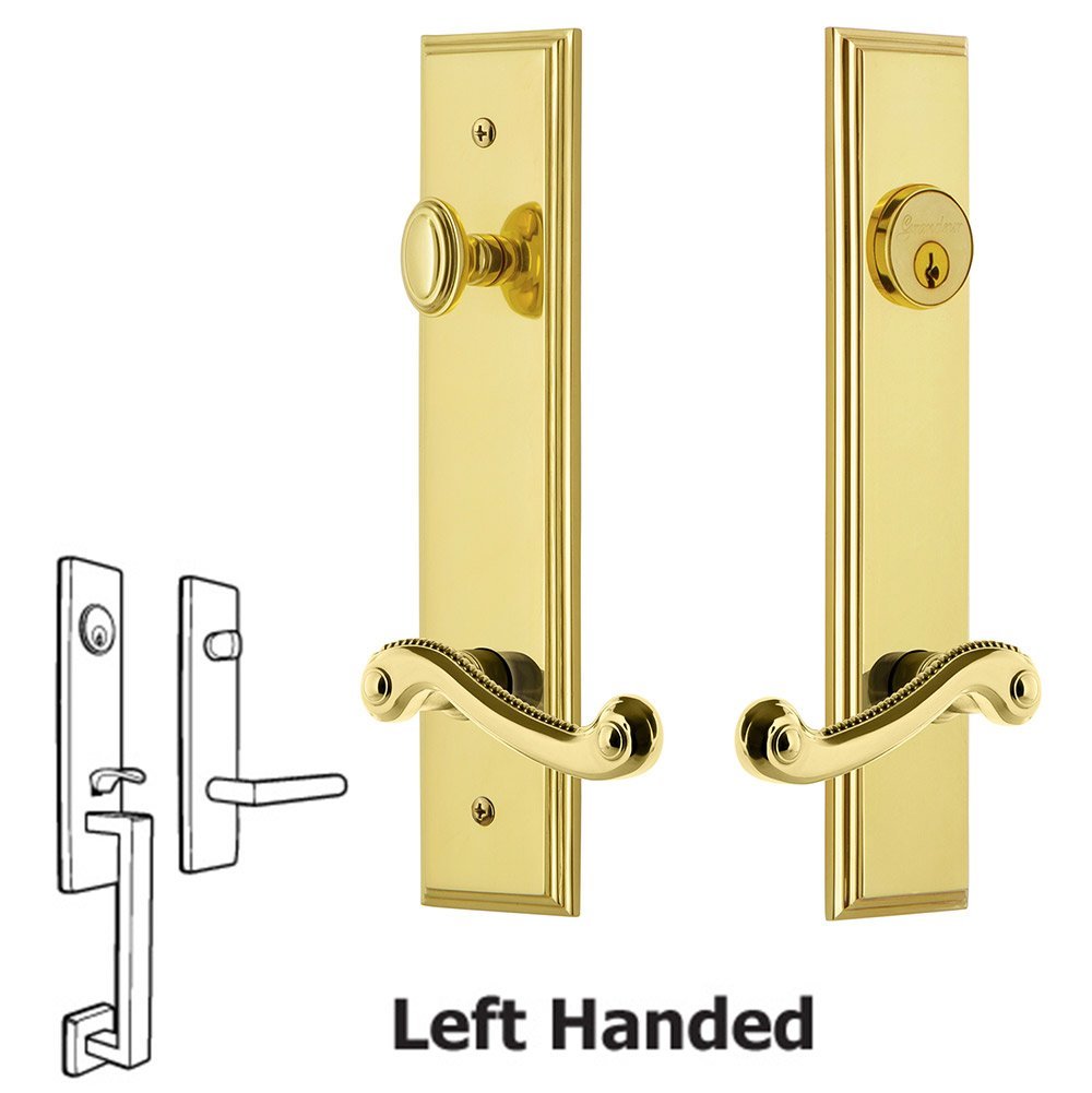 Tall Plate Handleset with Newport Left Handed Lever in Lifetime Brass