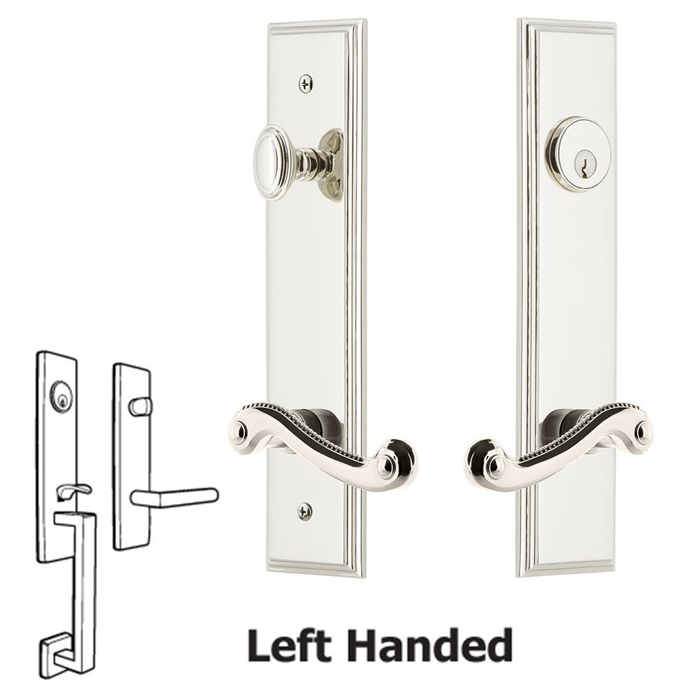 Tall Plate Handleset with Newport Left Handed Lever in Polished Nickel