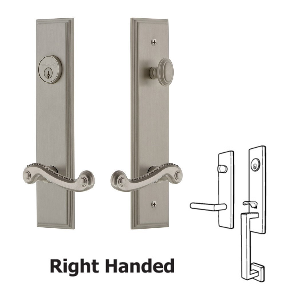 Tall Plate Handleset with Newport Right Handed Lever in Satin Nickel