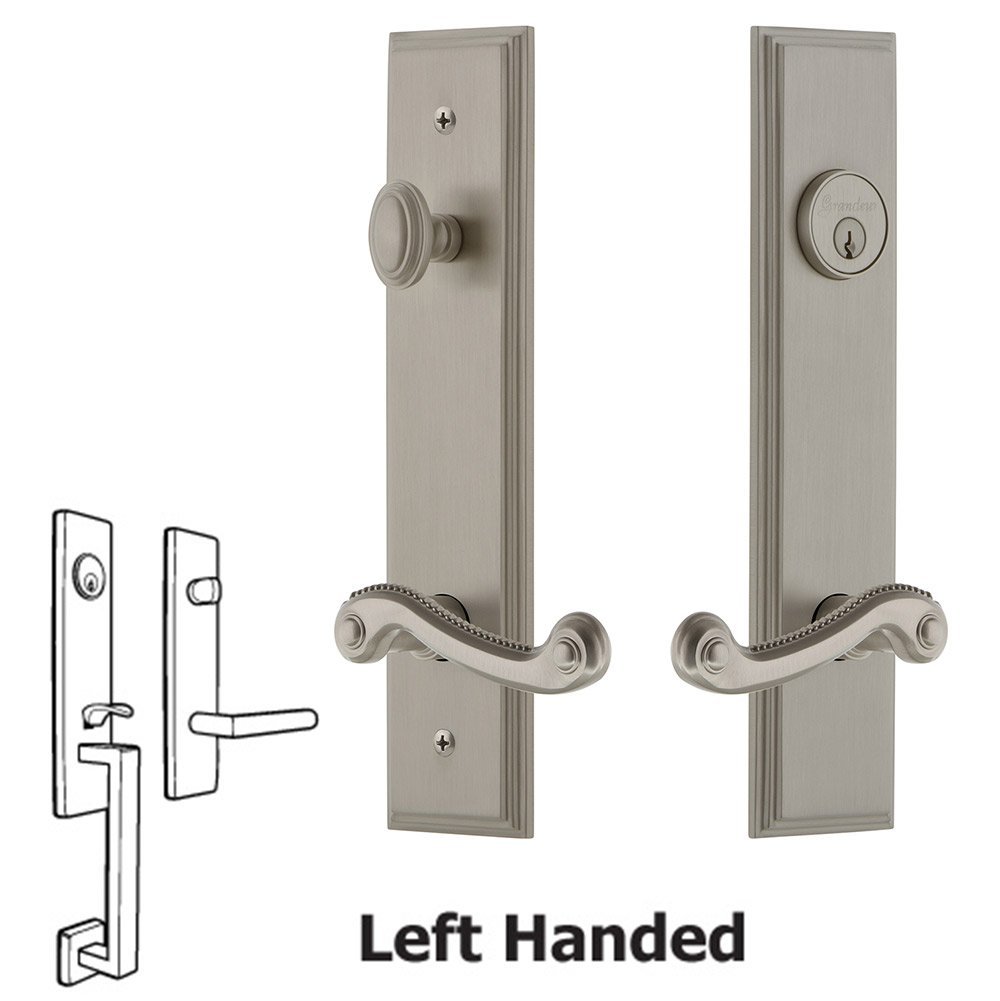 Tall Plate Handleset with Newport Left Handed Lever in Satin Nickel