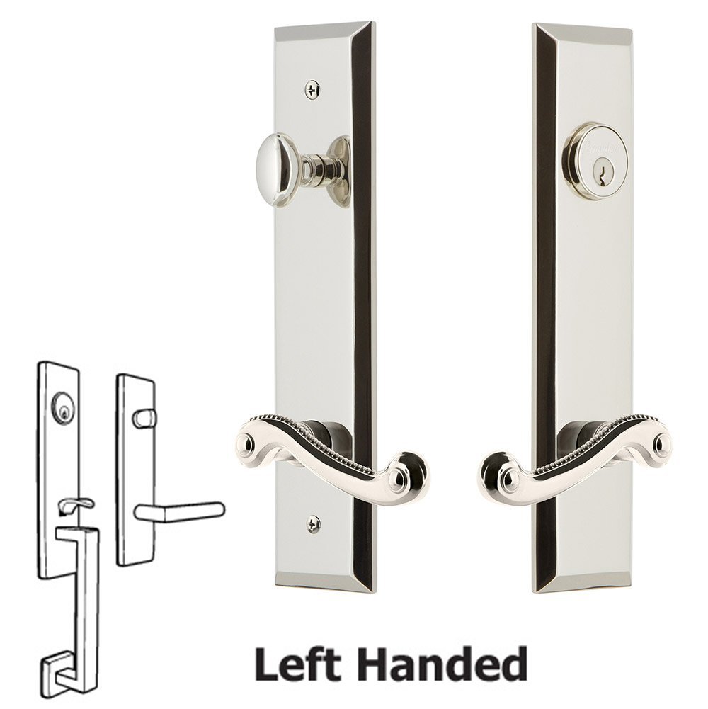 Tall Plate Handleset with Newport Left Handed Lever in Polished Nickel