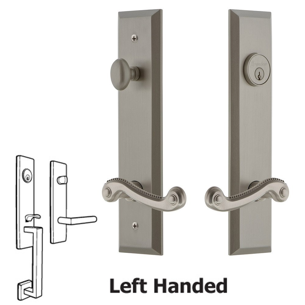 Tall Plate Handleset with Newport Left Handed Lever in Satin Nickel