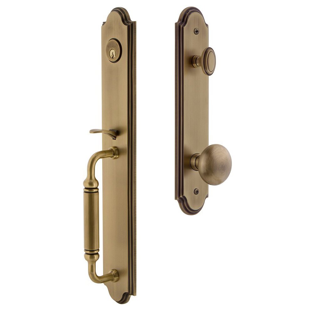 Arc One-Piece Handleset with C Grip and Fifth Avenue Knob in Vintage Brass