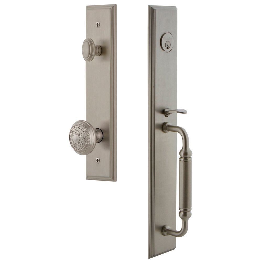 One-Piece Handleset with C Grip and Windsor Knob in Satin Nickel