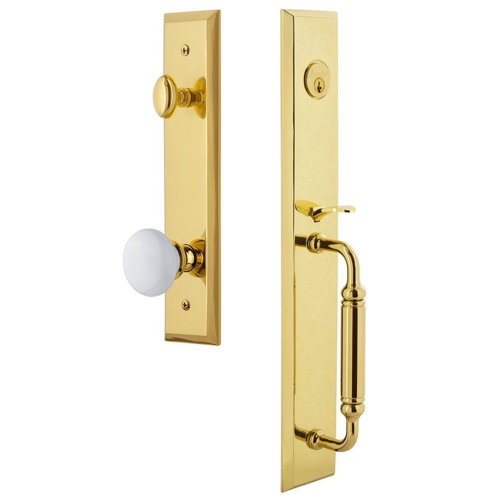 One-Piece Handleset with C Grip and Hyde Park Knob in Lifetime Brass