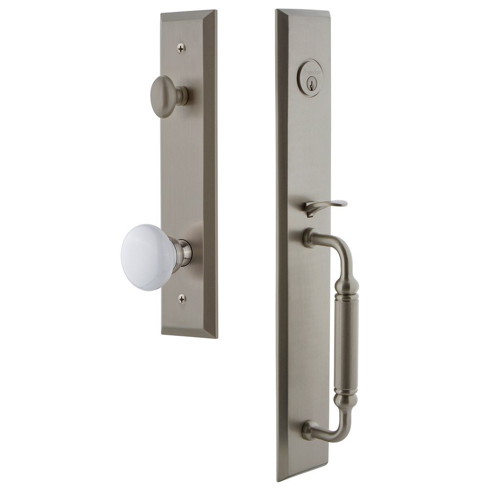 One-Piece Handleset with C Grip and Hyde Park Knob in Satin Nickel