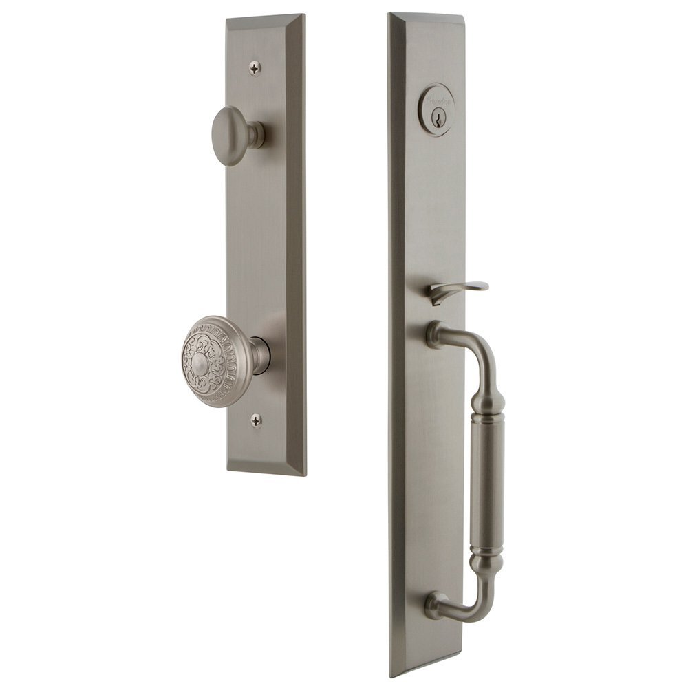 One-Piece Handleset with C Grip and Windsor Knob in Satin Nickel