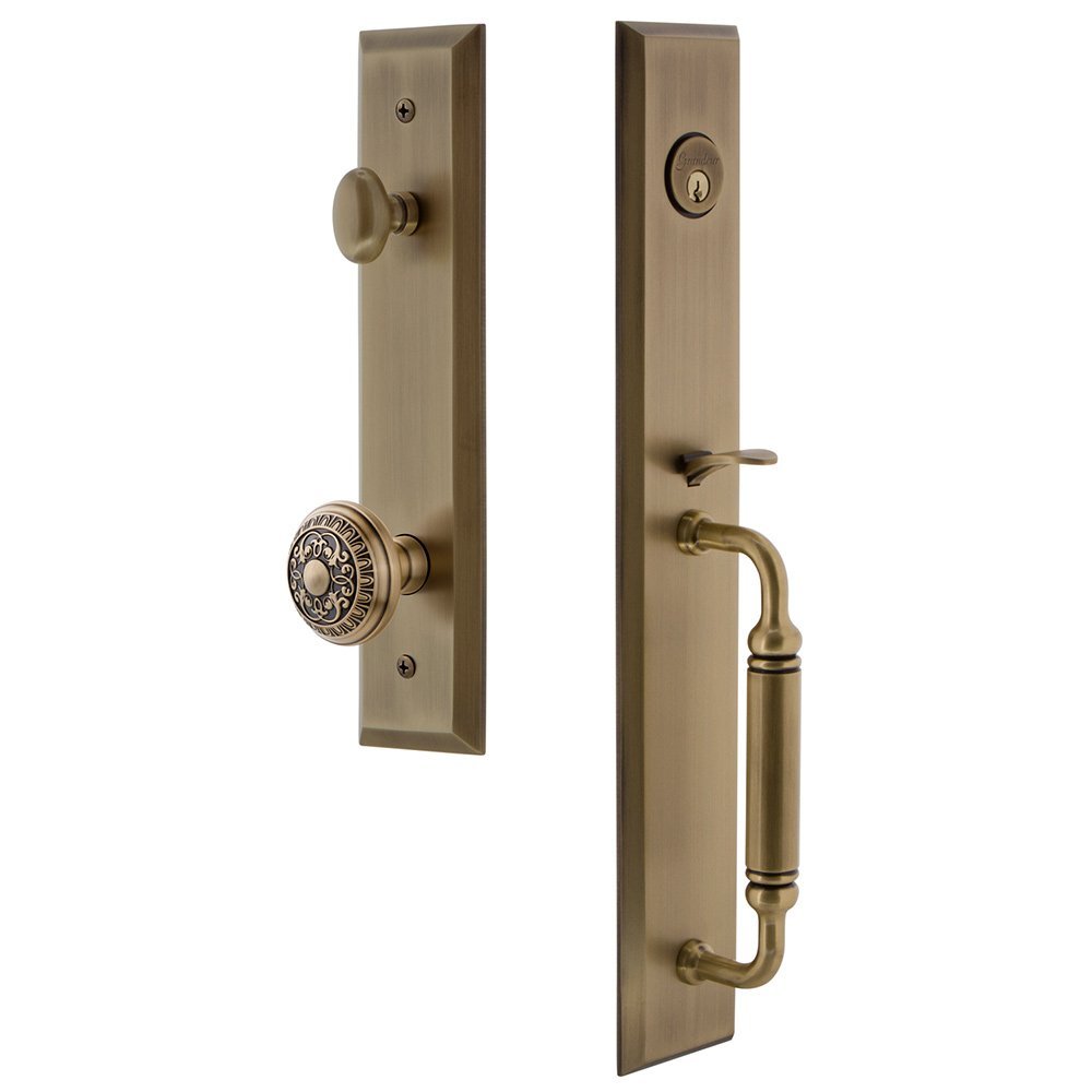 One-Piece Handleset with C Grip and Windsor Knob in Vintage Brass