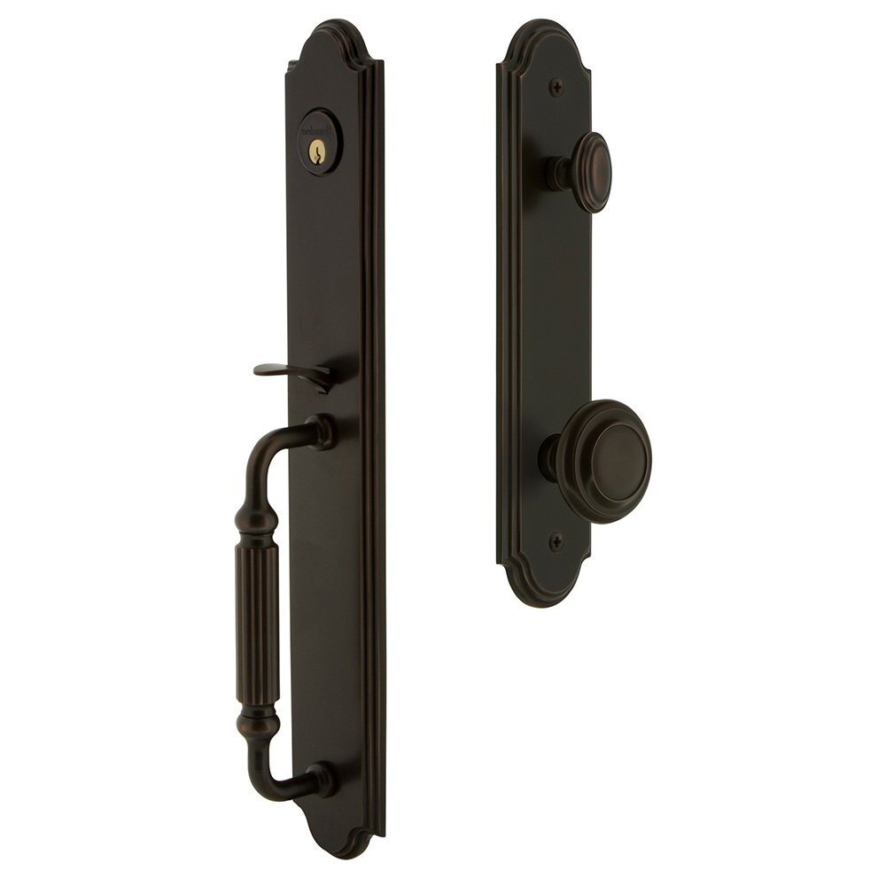 Arc One-Piece Handleset with F Grip and Circulaire Knob in Timeless Bronze