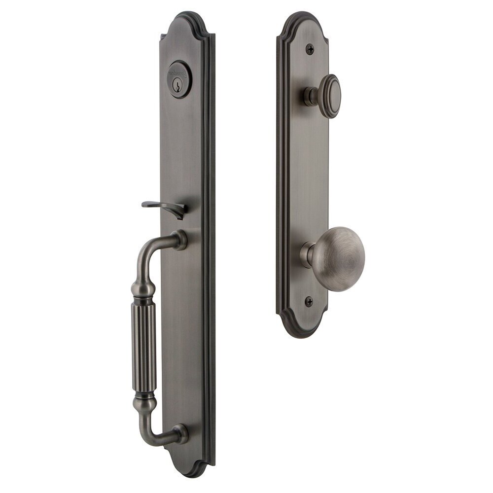 Arc One-Piece Handleset with F Grip and Fifth Avenue Knob in Antique Pewter