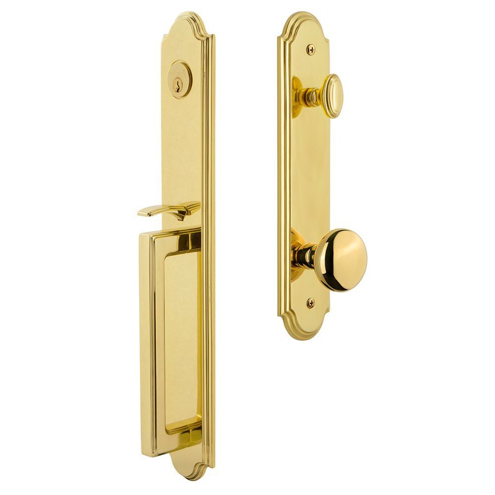 Arc One-Piece Handleset with D Grip and Fifth Avenue Knob in Lifetime Brass