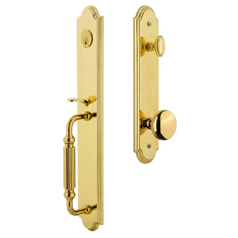Arc One-Piece Handleset with F Grip and Fifth Avenue Knob in Lifetime Brass
