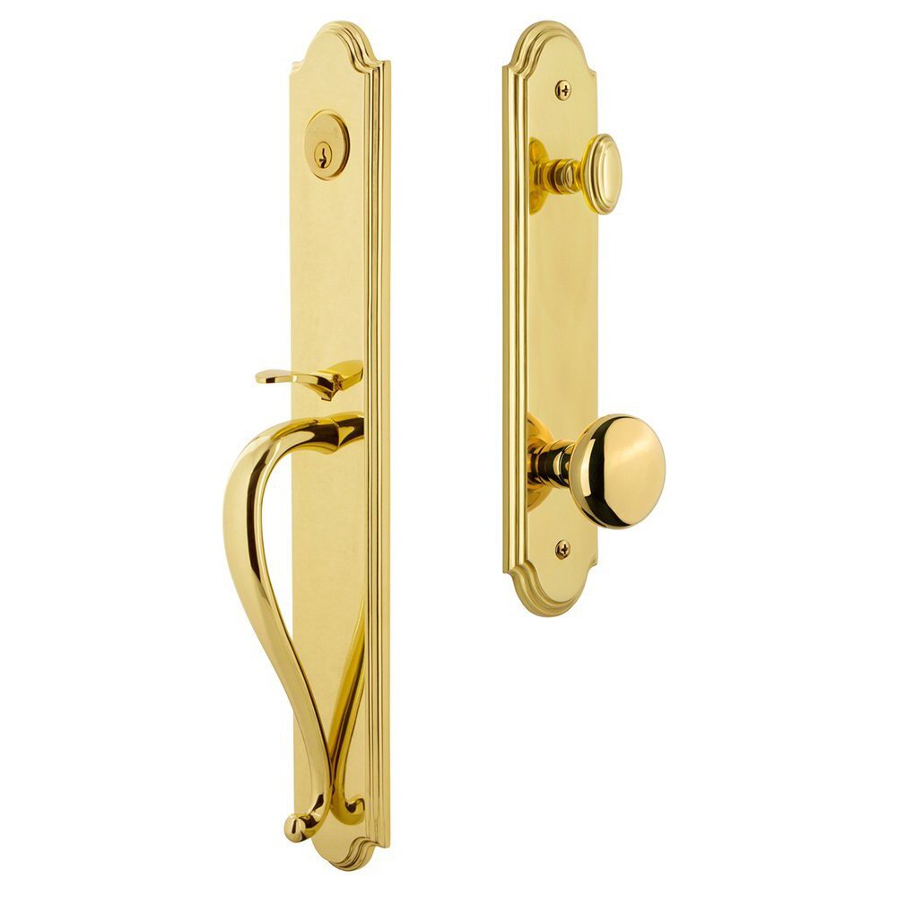 Arc One-Piece Handleset with S Grip and Fifth Avenue Knob in Lifetime Brass