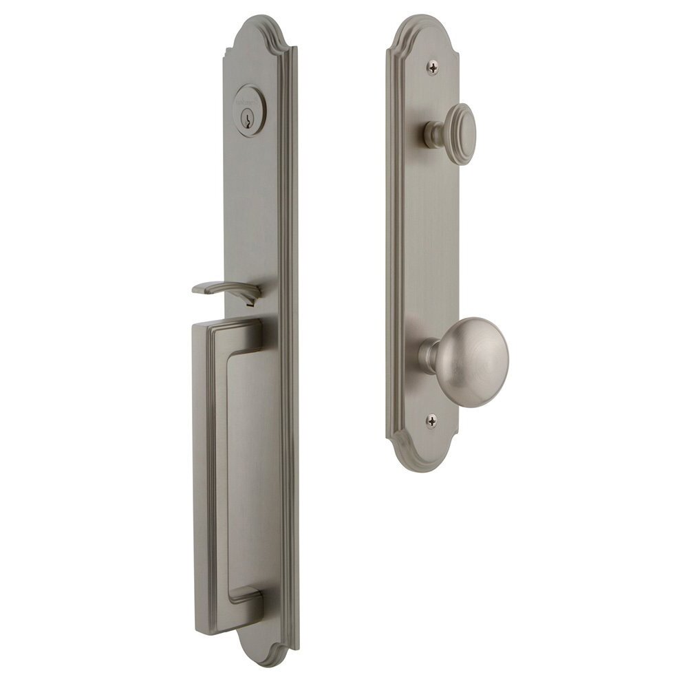 Arc One-Piece Handleset with D Grip and Fifth Avenue Knob in Satin Nickel