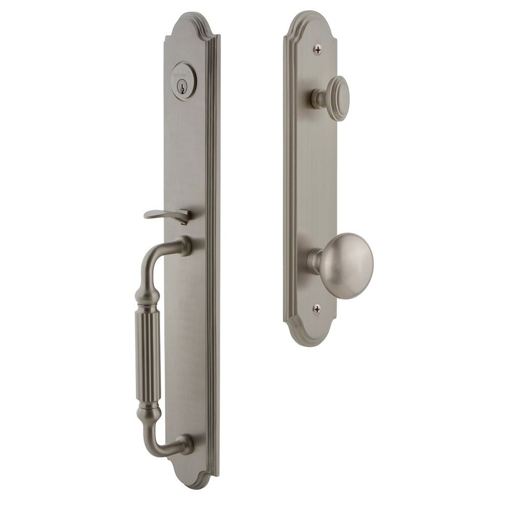 Arc One-Piece Handleset with F Grip and Fifth Avenue Knob in Satin Nickel