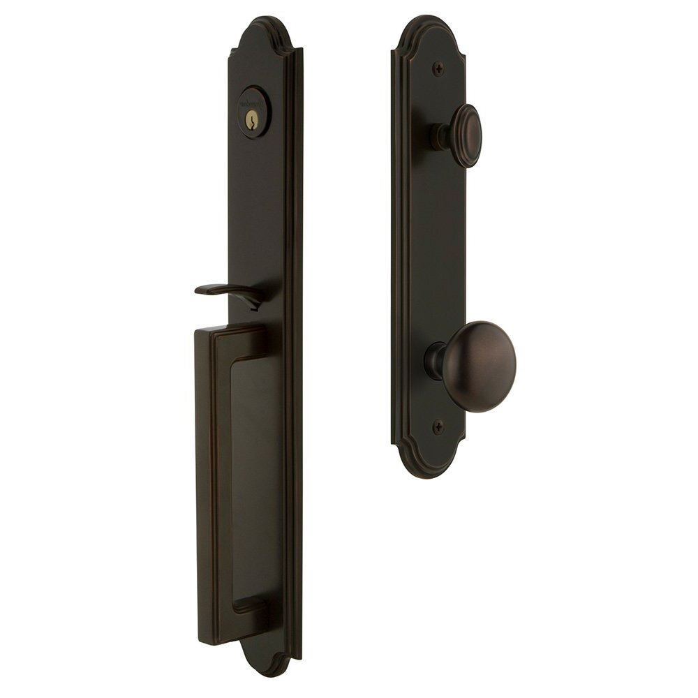 Arc One-Piece Handleset with D Grip and Fifth Avenue Knob in Timeless Bronze